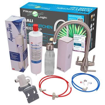 FilterLogic Bali Brushed Steel 3 Way Tap with 3M Filter System and Free Exclusive 3M Reusable Glass Water Bottle