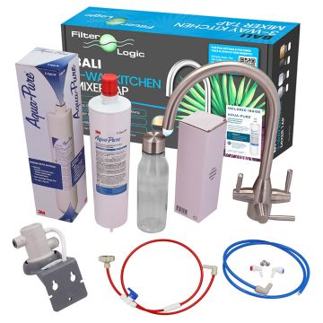 FilterLogic Bali Brushed Steel 3 Way Tap with 3M Filter System and Free Exclusive 3M Reusable Glass Water Bottle