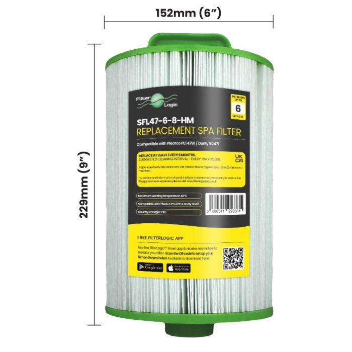 FilterLogic SFL47-6-8-HM Hot Tub Spa Filter Cartridge compatible with Darlly 60471 & Pleatco PTL47W